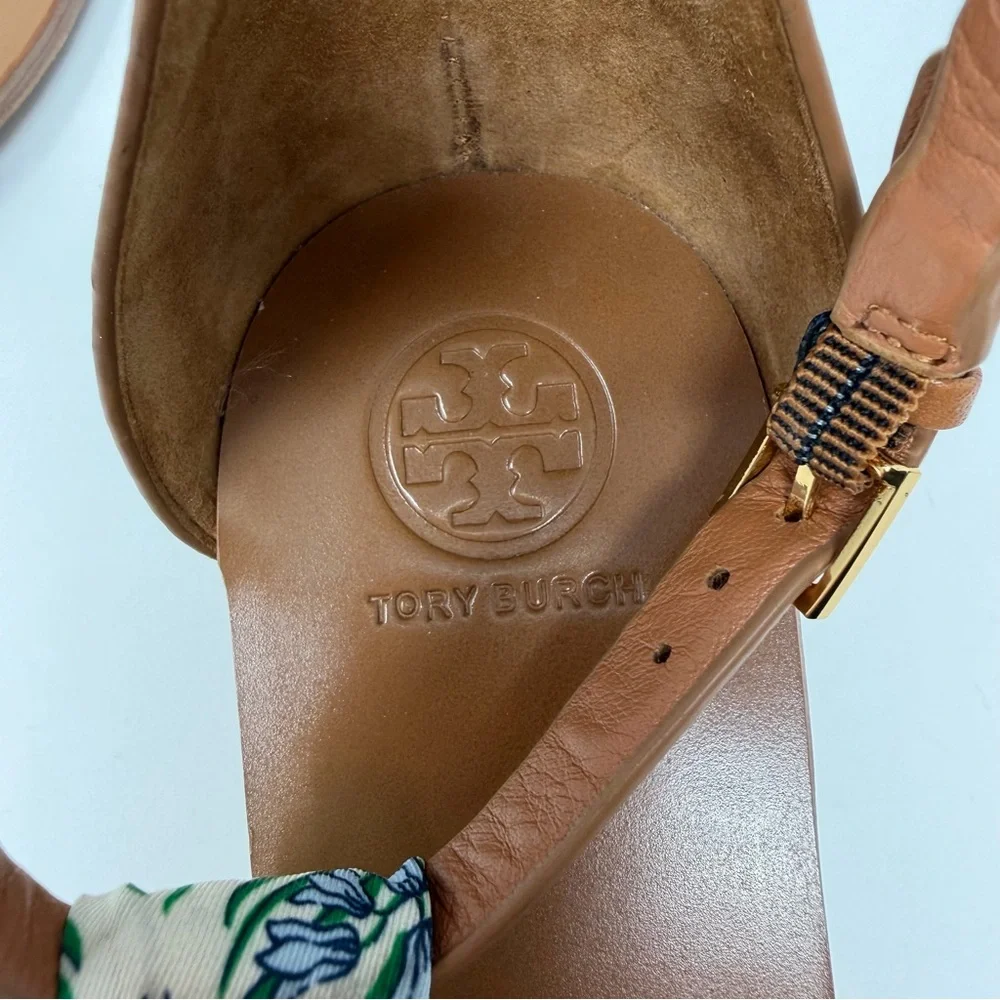 Tory Burch Miller Leather Scarf Thong Sandals Brown White Blue Green Size 11